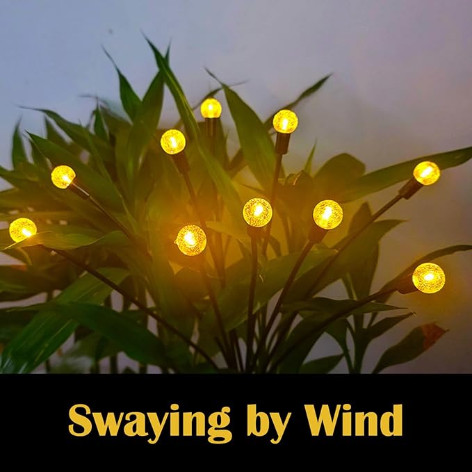 Firefly Solar Garden Lights, 10 LED Crystal Ball Sway by Wind, Outdoor Fairy Lights for Yard Patio Flower Bed Pathway Wedding Halloween Christmas Holiday Decoration (Warm, 2)