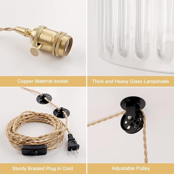 Plug in Pendant Light Hanging Light Fixture Corded On/Off Switch Brass Pendant Light with Clear Striped Glass Lampshade for Bedroom Living Room Kitchen Island