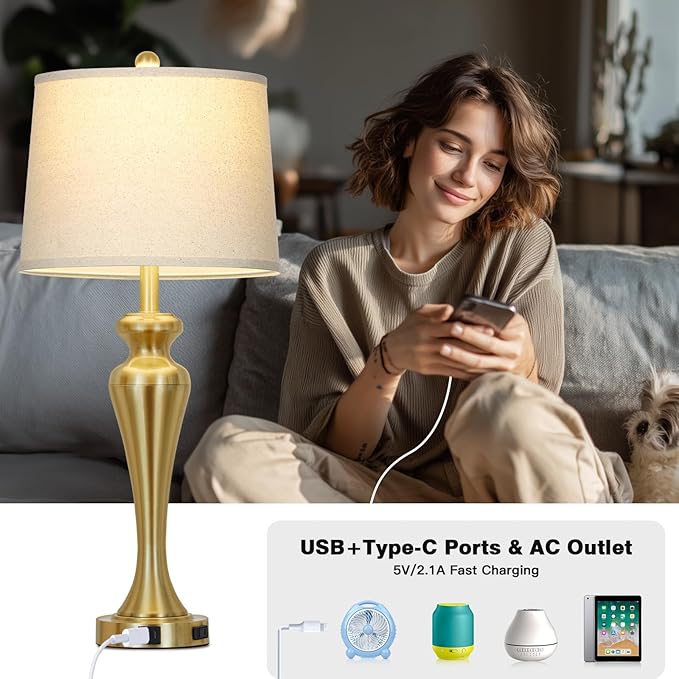 30" Gold Tall Table Lamps for Living Room, Touch Control Bedroom Lamp with USB A+C Ports and AC Outlet, 3-Way Dimmable Bedside Table Lamps Set of 2, Modern Metal Lamp for Nightstand