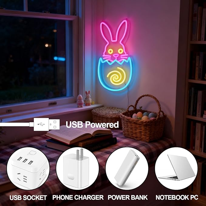 Easter Egg Neon Sign - Bunny LED Wall Decor with Multicolor Glow, USB Powered Dimmable Spring Decor for Easter Party Decorations & Gift Ideas