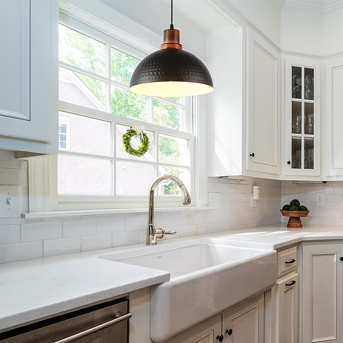 Black and Wood Pendant Lights 2 Pack, 11.8" Hammered Metal Dome Pendant Light Fixture Modern Black Pendant Lighting Hanging Ceiling Light for Kitchen Island Dining Living Room Restaurant