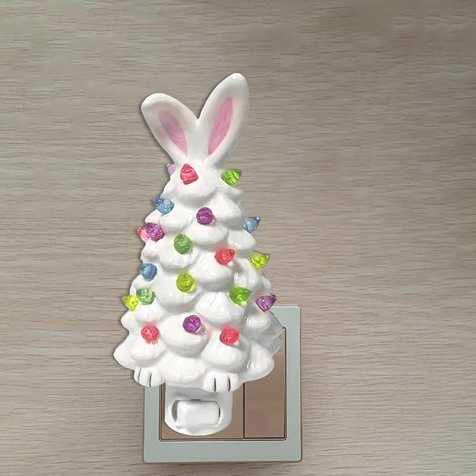 Easter Bunny Tree,Bunny lamp,Glowing Bunny Imitation Ceramic Tree,Resin Bunny Figurine with Colorful Lamp,Light Up Tree with Rabbit Ears,Easter Night Light for Home Decorations (F)