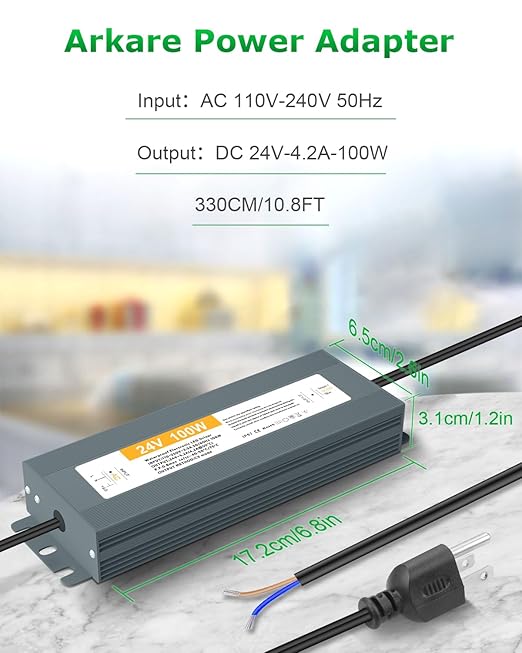 10.8FT LED Power Supply 24V LED Driver 100W 110V-240V AC to DC 24V Low Voltage Transformer Ultra Thin 24Volt Power Supply Adapter with 3-Prong Plug IP68 Waterproof for Outdoor LED Light Monitor