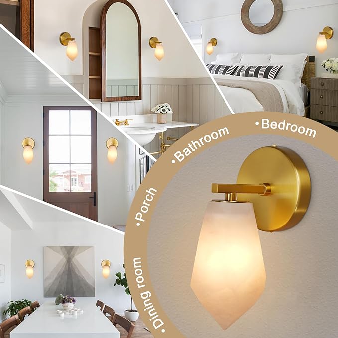 Alabaster Wall Sconces, Spanish Marble Wall Lamp, Modern Wall Sconce for Living Room, Hardwired Wall Lighting for Bedroom, Wall Light for Bathroom Hallway Stairs, Gold