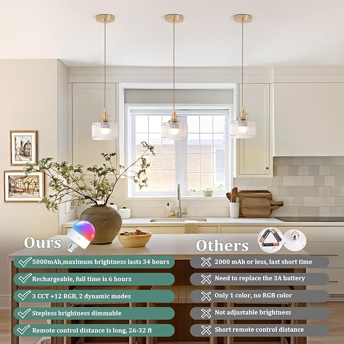 Battery Operated Pendant Light 5000mAh Rechargeable Chandelier with Remote Control Wireless Adjustable Hanging Clear Striped Light for Kitchen Island Dining Room Hallway, 2 Pack