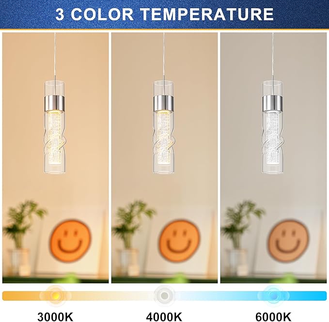 WILON Led Kitchen Ceiling Light, 24W Crystal Hanging Lights with Threaded Clear Glass, Adjustable Modern Led Kitchen Light Fixtures Pendant Light for Dining Room Bedroom(3 Pack)