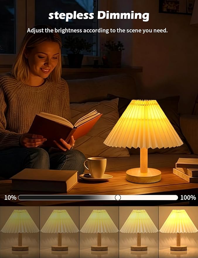 2-Piece Small Desk Lamp, Modern Dimmable Three-Color Wooden Base Sleep Night Light for Bedroom Bedside Table, Study Reading Desk Lamp for Living Room and Office Use
