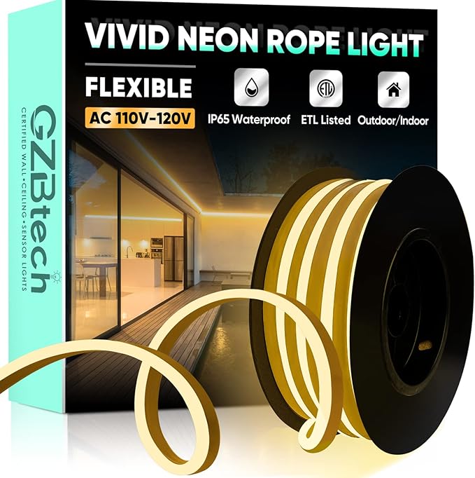 GZBtech Flexible LED Neon Rope Lights 16.4FT,AC 110-120V Waterproof Strip Light, 120LEDs/M Cuttable Connectable Neon Lighting for Indoor Outdoor Home Decor/Commercial Use-Warm White 5M, ETL Listed