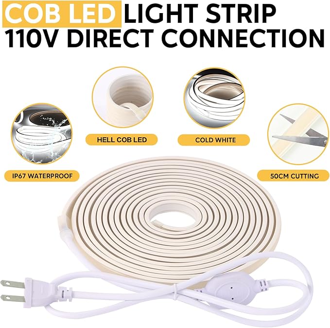 1m LED Strip Lights Rope Lights 320LEDs 6000K Cool White AC 110V Outdoor Lights COB LED Strip Light Waterproof IP67 for Under Cabinet Lights Bedroom Patio