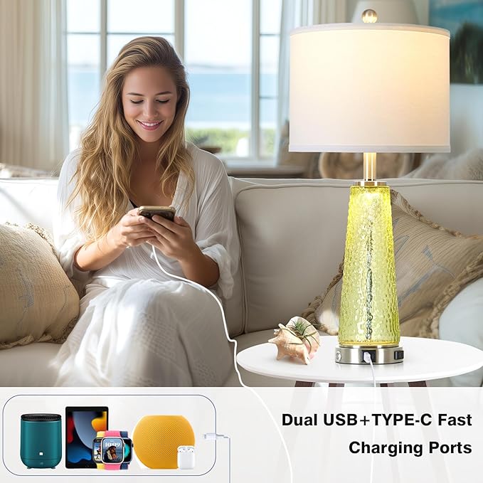 26" Gold Glass Table Lamps for Living Room Set of 2, Modern Bedside Lamp with USB A+C Ports & AC Outlet, Coastal Cracked Glass Nightstand Lamps with 2 LED Night Light for Bedroom End Table Amber Decor