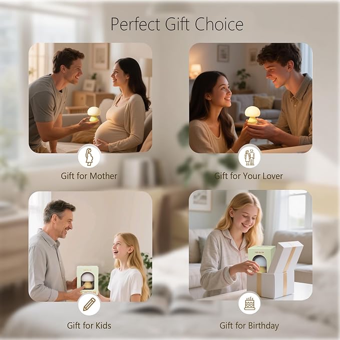 Vivilumens Mushroom Night Light for Kids 3 Level Dimmable Touch Control, Auto-Off Timer, Baby Safe BPA-Free Silicone, Portable Cordless Night Lamp Birthday Gifts for Nursery Bedroom Decor Travel