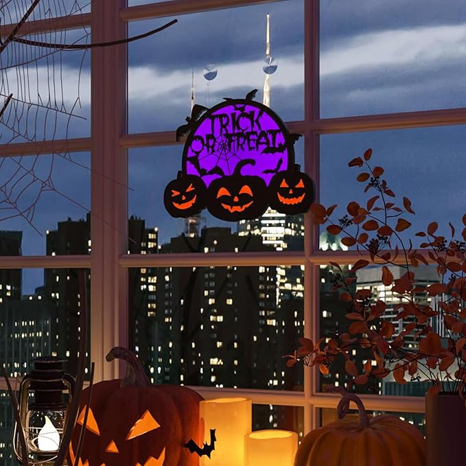 Halloween Pumpkin Lights, LED Connected Jack O Lantern With Light Up Purple Moons, Bat Spider Web & Trick or Treat Wording, USB & Battery Powered With Timer, Halloween Decorations Kids Wall Window Art