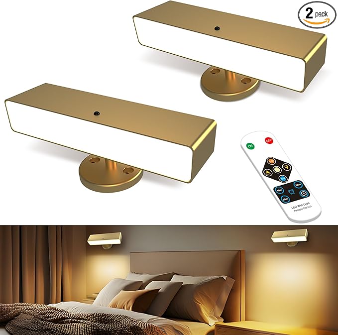Battery Powered Wall Sconce Lights Set of Two: Gold Rechargeable Wall Lights with Remote, Wireless LED Wall Mounted Lights, 360° Rotation Magnetic Cordless Scone Lighting for Bedroom Living Room
