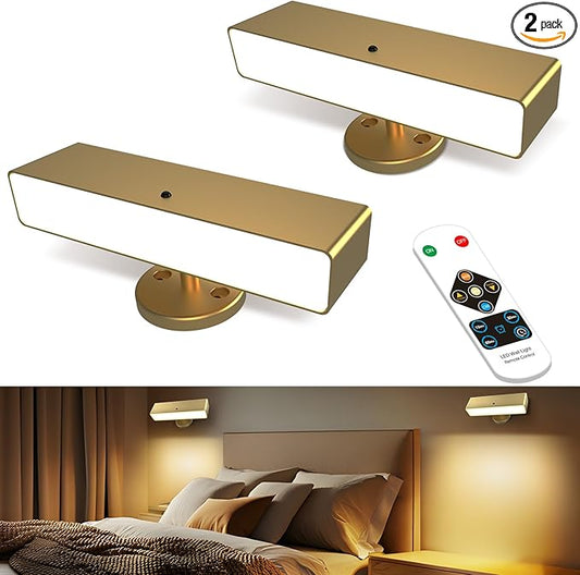 Battery Powered Wall Sconce Lights Set of Two: Gold Rechargeable Wall Lights with Remote, Wireless LED Wall Mounted Lights, 360° Rotation Magnetic Cordless Scone Lighting for Bedroom Living Room