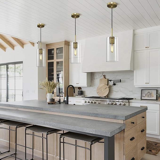 Modern Brass Pendant Lights Kitchen Island 2 Pack Glass Pendant Light Fixtures, 9.5'' Farmhouse Gold Pendant Light Kitchen Pendant Lighting Over Island for Sink, Bathroom, Bar,Dining Room
