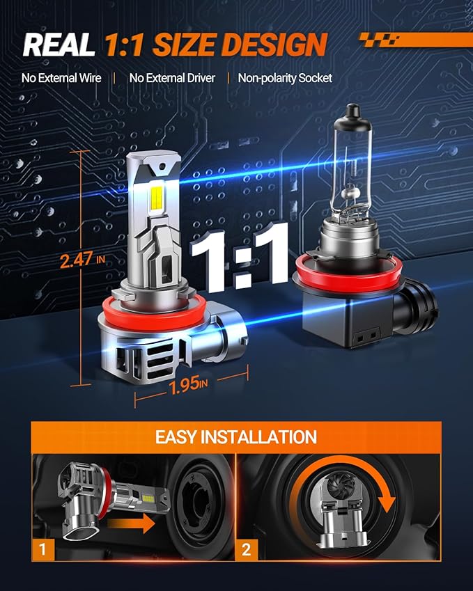 SEALIGHT 𝐇𝟏𝟏/H9/H16 Bulbs, 30000LM 6500K Cool White H8 Fog Bulbs, 1:1 Mini Size, Powersports Accessory Lights with Fan, 3 Mins Plug-N-Play, Pack of 2