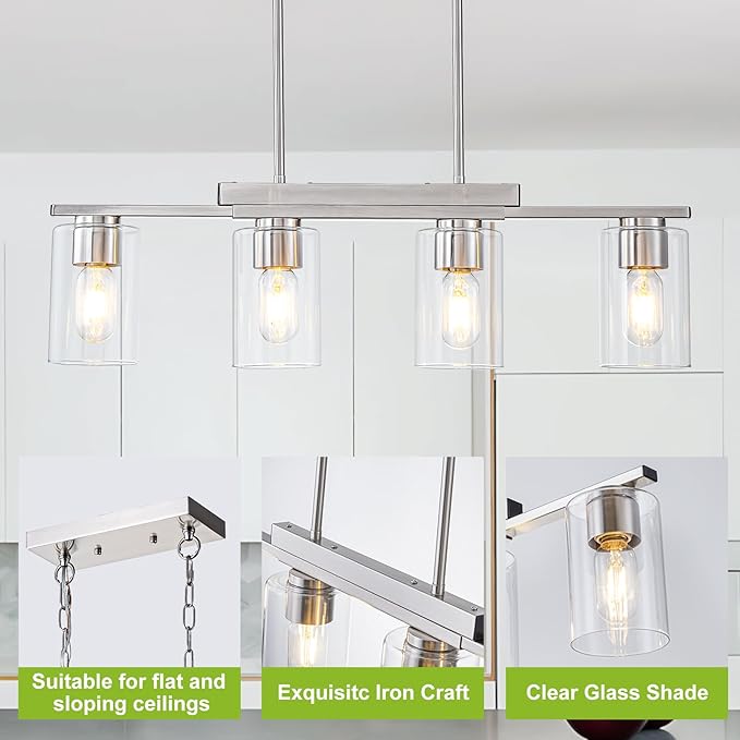 WILON Kitchen Island Lighting, 4 Lights Nickel Sand Linear Chandeliers Modern Farmhouse Chandelier with Glass Shades for Kitchen Island Living Dining Room Foyer Bedroom(Brushed Nickel,4 Lights)