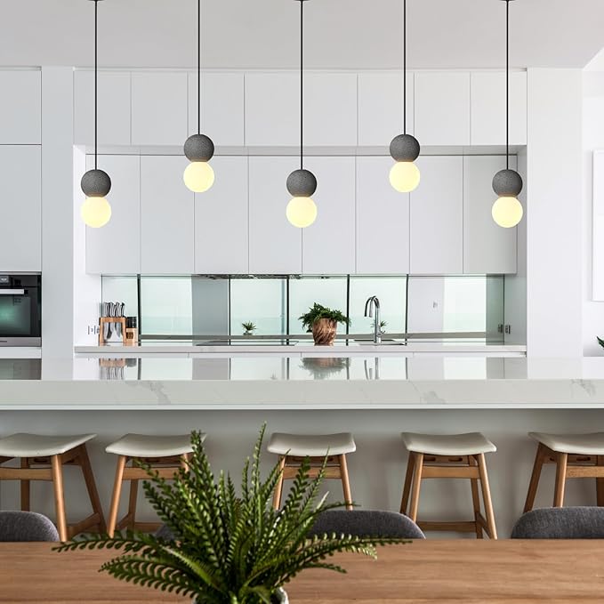 Modern Black 1-Light Concrete Pendant Light Kitchen Island Ceiling Light Fixture White Glass Globe Ball Pendant Lighting for Dining Room Coffee Club Resturant Bar Living Room(1-Pack)