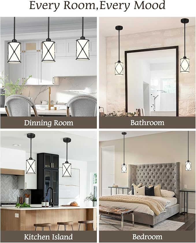 Glass Pendant Lights Kitchen Island, 2 Pack Modern Black Pendant Light Fixtures with Frosted Glass and Rod, Mid Century Cage Pendant Light for Kitchen Sink Dining Room, CH9176BKW-2PK