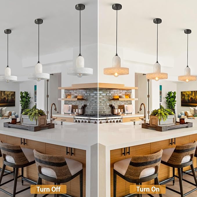 Alabaster Pendant Light Kitchen Island, Black Hanging Light Fixture with Natural Alabaster Stone Shade, Adjustable Pendant Lighting Over Sink, Dining, Bar, Counter - 2 Pack