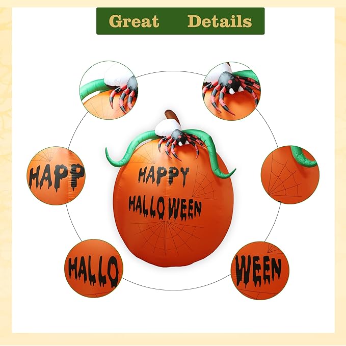 6Ft Pumpkin Lighted Halloween Inflatable Pumpkin Spider LED Lights Decor Outdoor Indoor Holiday Decorations, Blow up Lighted Yard Decor, Giant Lawn Inflatables Home Family Outside
