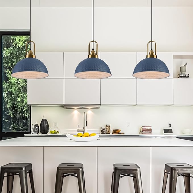 Blue Pendant Lights Kitchen Island Industrial Adjustable Height Vintage Dome Hanging Light Fixtures for Barn, Dining Room 1 Pack
