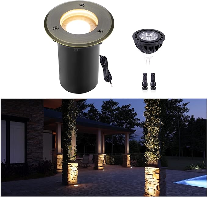 Gardenreet In Ground Well Light - Brass Waterproof 12V Outdoor Landscape Lighting, Ip65 Low Voltage LED in-Grade Light, Antique Bronze for Tree Wall Walkway with 2700K Warm White MR16 Bulb