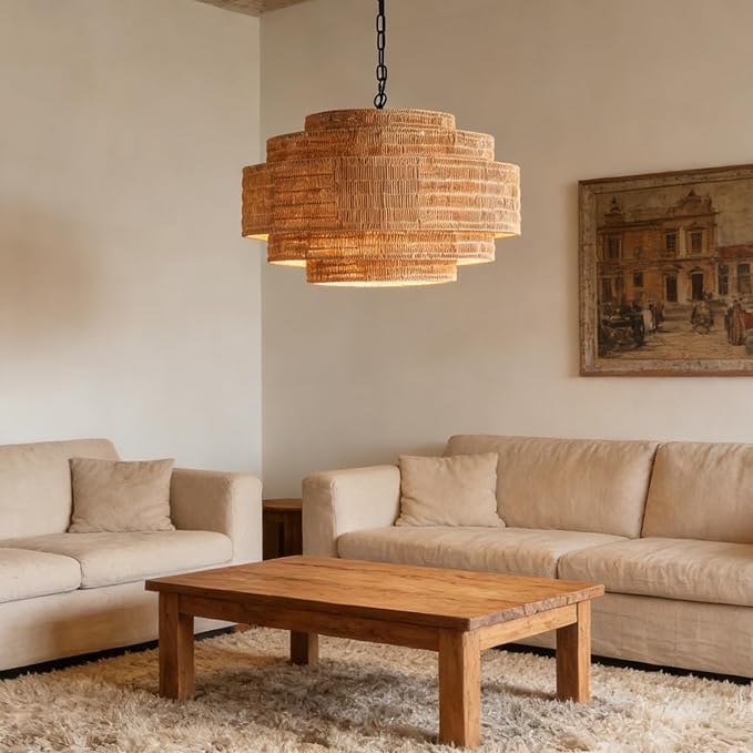 Foyer Chandelier 5-Light Rattan Chandelier Lighting Hand Woven Boho Wicker Hanging Pendant Light Fixture 23.6" Large Chandeliers for Dining Room Kitchen Living Room Bedroom