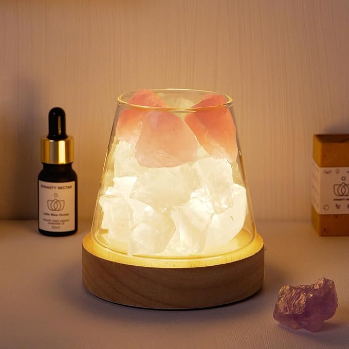 Runyangshi Rose Quartz Clear Quartz Night Lamp Natural Healing Crystal Atmosphere Lamp with Remote Control Bedside USB Port 7 Colours Dimming Mode Bedroom Lamp Home Decor Gift
