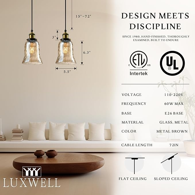 Modern Glass Pendant Light, 5.5"x6.3" Amber Ribbed Globe Light Fixture with Gold Cap, 15"-72" Adjustable Cord, E26 Socket for Dining or Lounge Areas – Sunrise Glow Trumpet