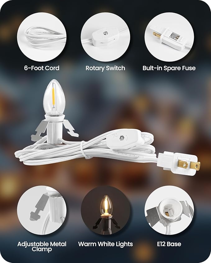 Christmas Village Lights, Decoration String Lights, Warm White, for Christmas Snow House, Pumpkin Crafts, Holiday Decoration, 6Ft with 1 C7 LED Bulb, 4Pack W06VLP405