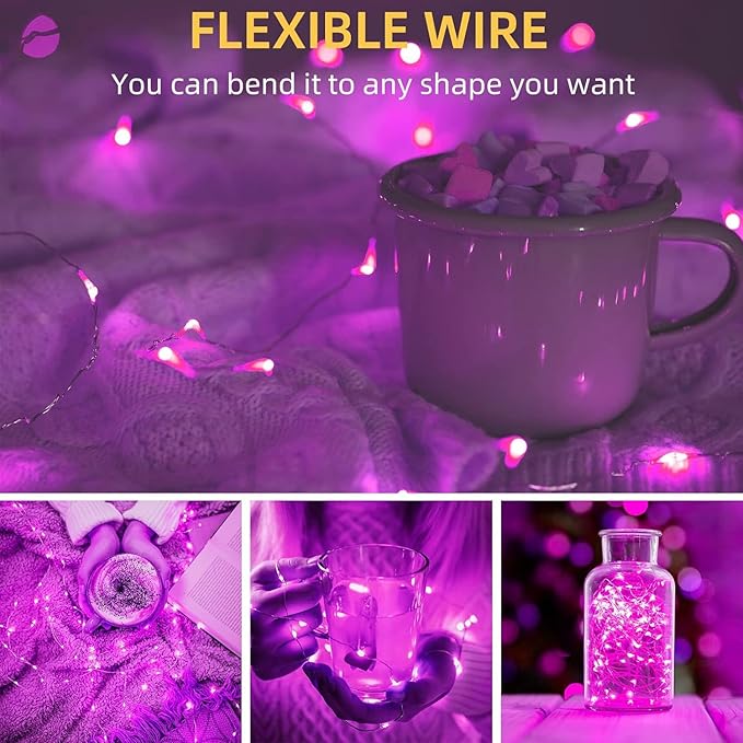 6 Pack Pink Led Fairy Lights Battery Operated, Valentines String Lights Waterproof Silver Wire 7 Feet 20 Led Firefly Starry Moon Lights for DIY Wedding Galentine's Day Valentine's Day Party Bedroom