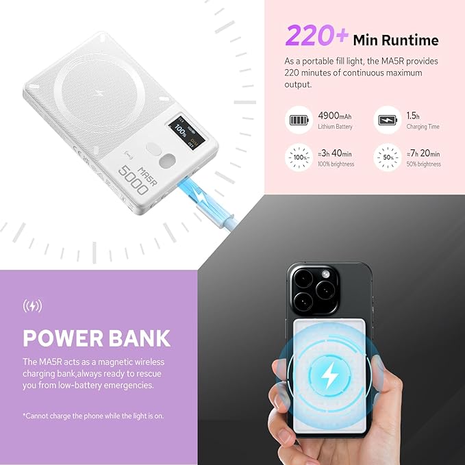 Godox MA5R RGB LED Light for iPhone 16/15/14, 1800-10000K Pocket Vdieo Panel Light,14 FX Effects, 4900mAh Battery, Magnetic Dual-Side Lighting&LCD Display