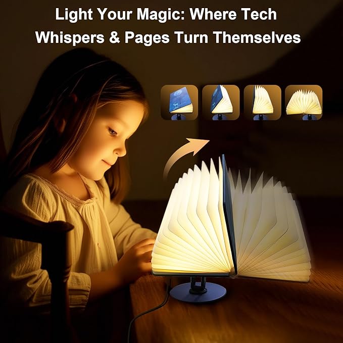 Enchanted Book Lamp AI Voice Activated | Auto-Flip Magic Lighting for Fantasy Fans, Spell-Casting Decor in Home Office (Antique Brass) (Art Deco 2)