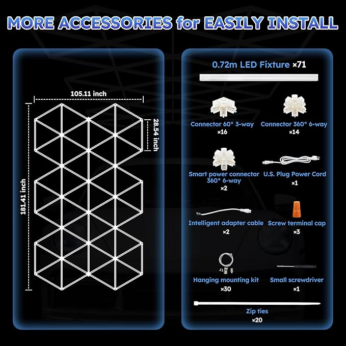 Triangle LED Garage Light - 71 Pack Hexagonal Lights, 710W 78100LM Super Bright Garage Ceiling Lights, Larger Size Honeycomb Light for Warehouse Workshop Gym Basement Car Care Wash Room