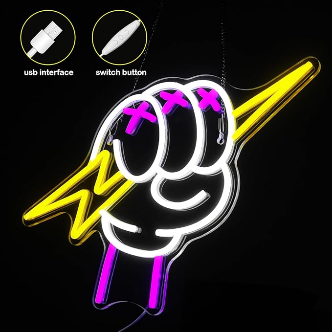 Lightning Hand Neon Sign for Wall Decor Dimmable Holding Neon Light Sign Lightning Bolt LED Sign for Teens Kids Bedroom Living Room Birthday Party Game Room Man Cave Decoration Gift