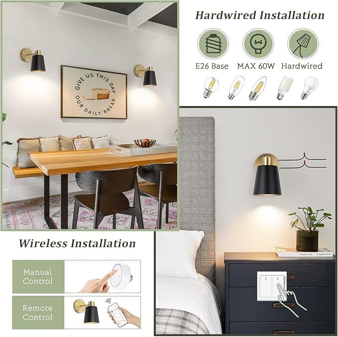 Battery Operated Wall Sconce, Modern Wireless Sconces Set of 2, Cordless Wall Decor Battery Powered Wall Light with Remote Control, Vintage Black and Gold Wall Lamp for Living Room Bathroom Hallwa