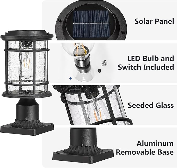Emliviar 13 Inch Outdoor Solar Post Light, Dusk to Dawn Post Lighting Fixture with Remote Control, Removable Pier Mount with Seeded Glass, XE229P-SL BK