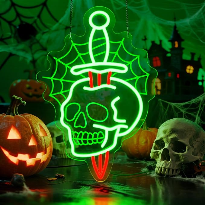 Halloween Skull Neon Sign with Dagger & Web Design,Skull Neon Sign For Halloween,Spooky LED Wall Light for Halloween Party Decor,Gothic Horror Neon Skull Light for Bar,Bedroom,Man Cave