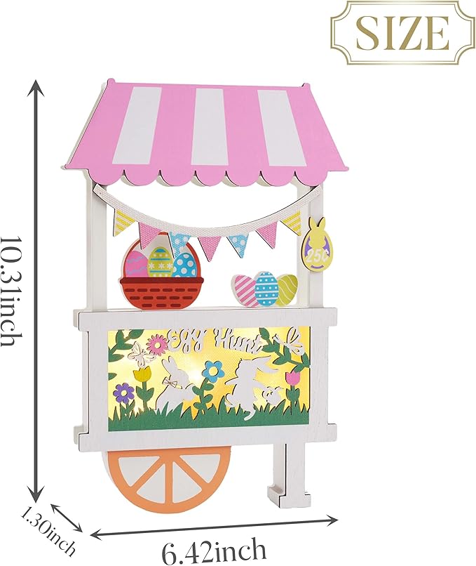 Valery Madelyn Easter Decorations, Easter Decor with LED Light, Lighted Egg Hunt Booth Decor for Table, Wooden Bunny Decorations for Home Decor Shelf Tiered Tray Living Room, 10.3 inch