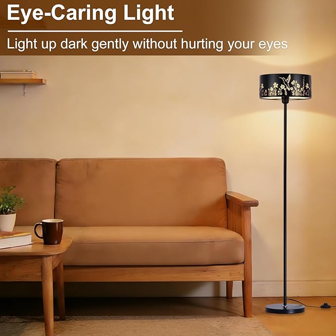 Mid Century Floor Lamp,Unique Hummingbird Floral Black Farmhouse Drum Gothic Floor Lamp with White Parchment,57.67" Tall Metal Rustic Standing Light for Living Room,Bedroom,Home,Office