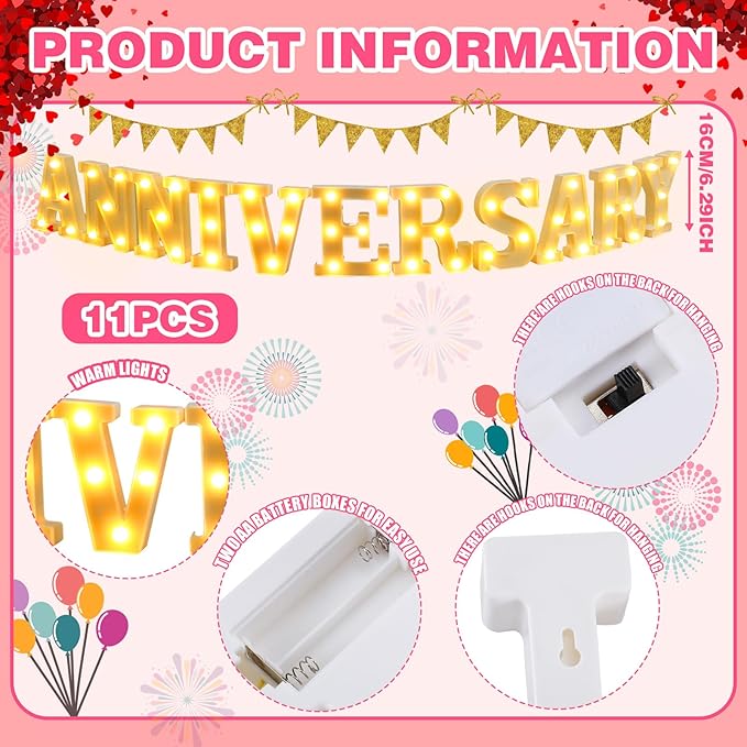 11 Pcs Anniversary Large LED Letter Sign Wedding Birthday Party LED Lights Battery Powered Table Decoration for Party Bedroom Bar Pub Restaurant Tabletop Decoration