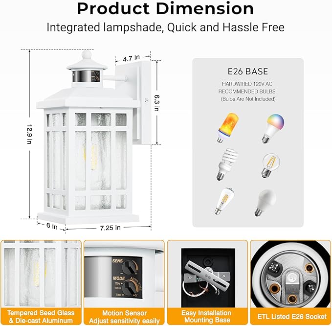White Dusk to Dawn Outdoor Lighting, Modern Exterior Lighting Fixtures with Motion Sensor 4 Modes, Patio Lights Outside Waterproof for House, Garden, Front Porch, Brightness Distance Adjustable