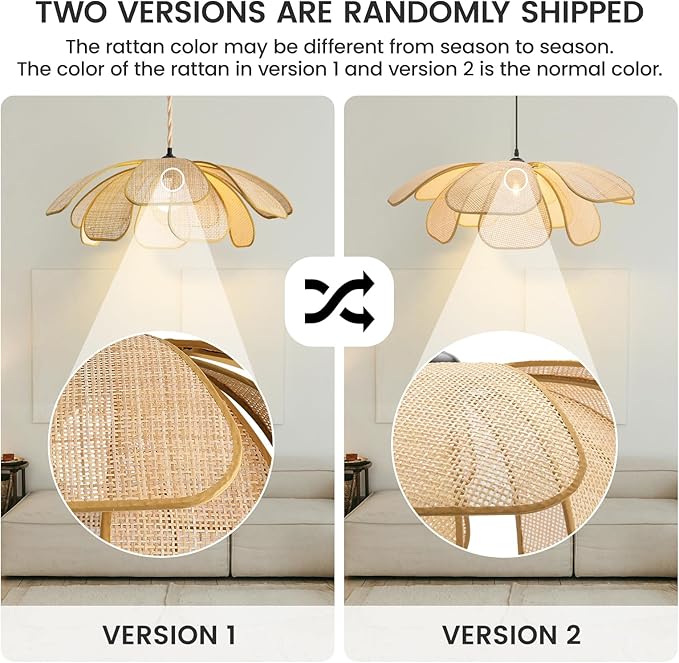 Rattan Pendant Light Boho Chandelier Flower Light Hand-Woven Rattan Hanging Lamp Wicker Chandelier Basket Hanging Light Fixture for Dining Living Room Island Kitchen Bedroom