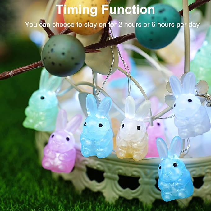 BOHON 3D Bunny Easter Lights String, 10 ft 30 LEDs Colorful Rabbit Battery Operated String Lights with Remote &Timer, Easter Decorations Indoor, Fairy Lights for Spring Window Decor