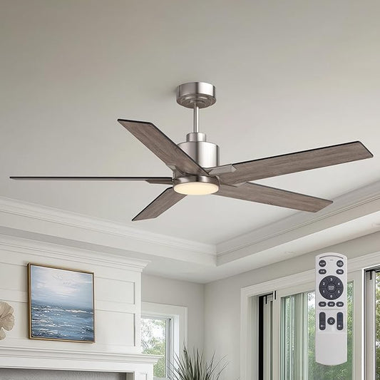 52 Inch Ceiling Fans with Lights and Remote Control for Bedroom, Modern Nickel Ceiling Fan with Quiet Reversible DC Motor, 3CCT, Dimmable, LED Lighting for Living Room, Patio, Indoor and Outdoor