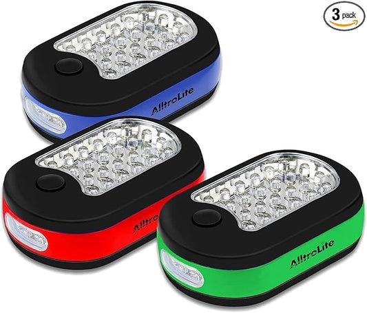 AlltroLite 3-Pack LED Work Light | Portable Magnetic Work Light with Rotatable Hook, Magnetic Back & Push Button | Battery Operated Pocket Work Lights for Car Repairing, Emergency, Hiking, Camping