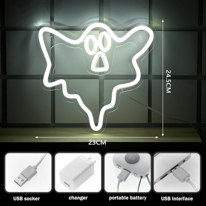 Treela 3 Pcs Halloween Ghost Neon Signs Halloween Neon Window Lights LED Sign Ghost Face Decorations USB Powered Light up Sign for Part Bar Room Wall Decor