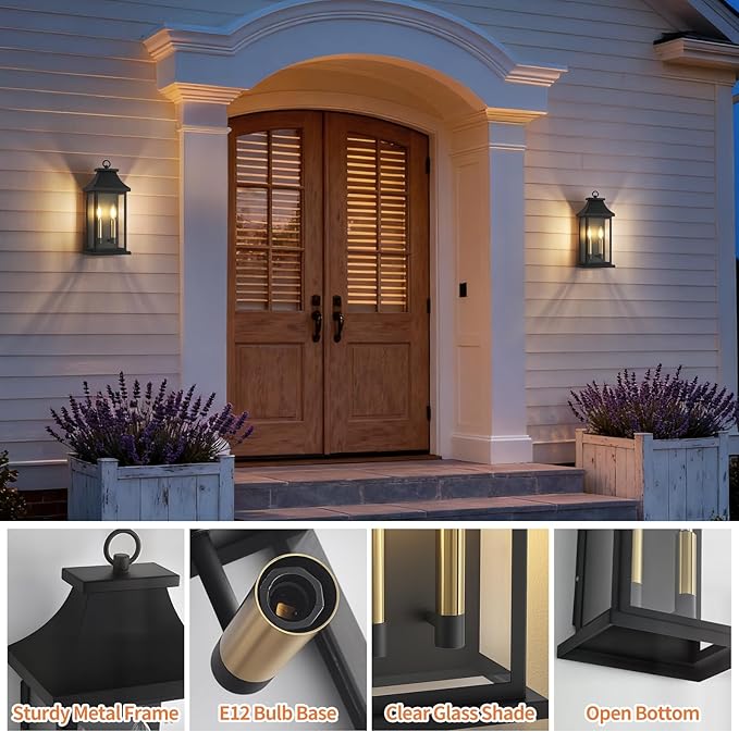 tewei 2-Light Black Outdoor Light Fixture, Porch Light Outdoor Wall Sconce Lantern, 18'' Exterior Lighting Fixture Wall Mount E12 Gold Base, Outside Light for House Backyard Garage, 1-Pack
