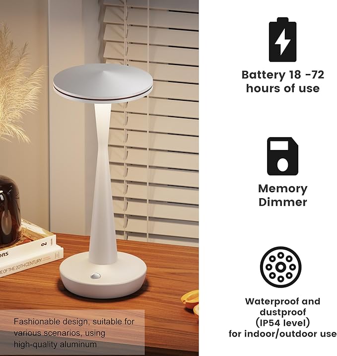 SAKRINGT Rechargeable Cordless Table Lamp, 72Hrs Battery Operated LED Table Light, Portable Touch Dimmable Lamp for Restaurant Patio Dining Outdoor Camping